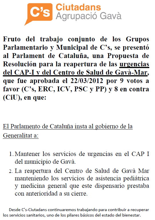 Nota de premsa de C's de Gav informant de l'aprovaci al Parlament de Catalunya d'una resoluci per reobrir el dispensari mdic de Gav Mar (23 de Mar de 2012)